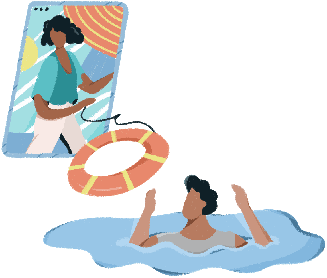 Illustration of a woman throwing a lifebuoy to a distressed person, symbolizing providing a lifeline for people in crisis