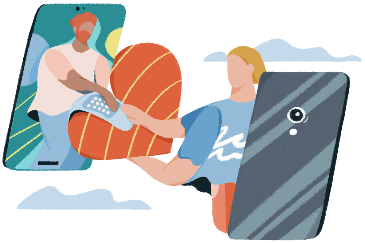 Illustration of two people inside separate phones working together to bandage a wounded heart, representing online empathy