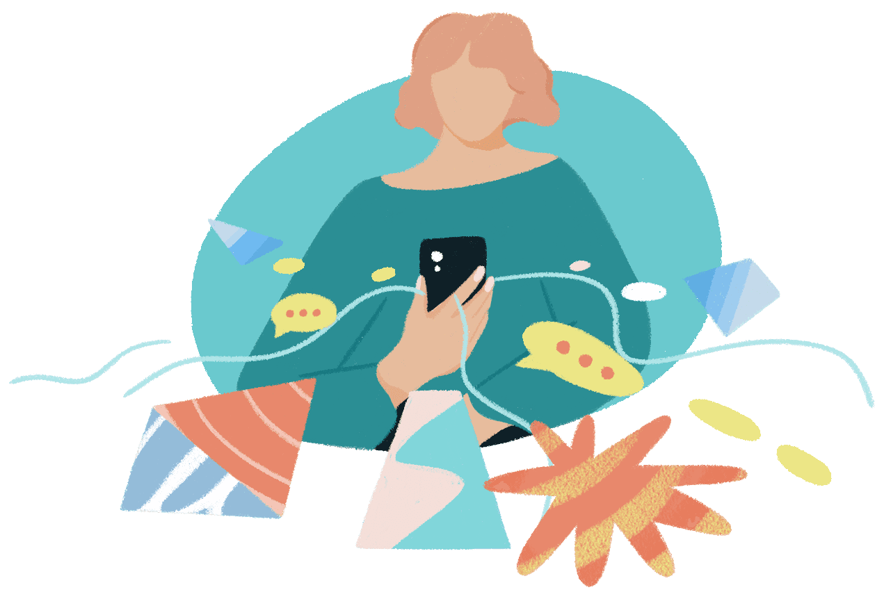 Illustration of a woman messaging a crisis counselor, with chat bubbles and shapes extending from her phone