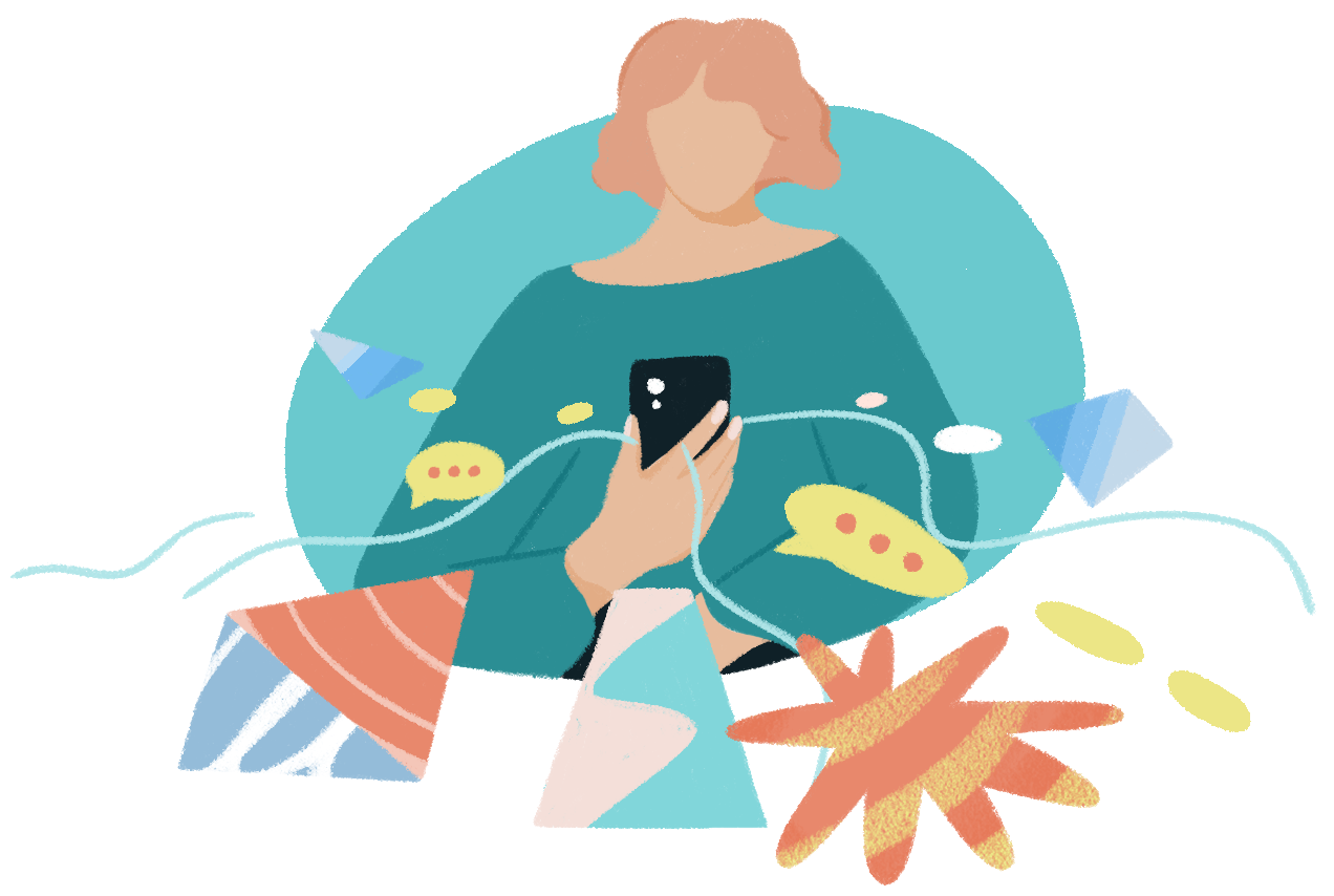 Illustration of a woman messaging a crisis counselor, with chat bubbles and shapes extending from her phone